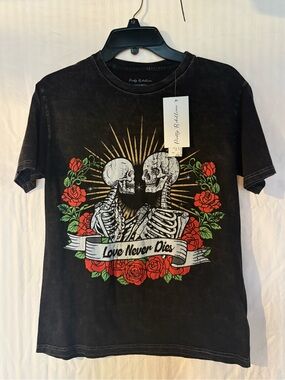 Pretty Rebellious Black Tee with Red Roses & White Skeleton Graphic